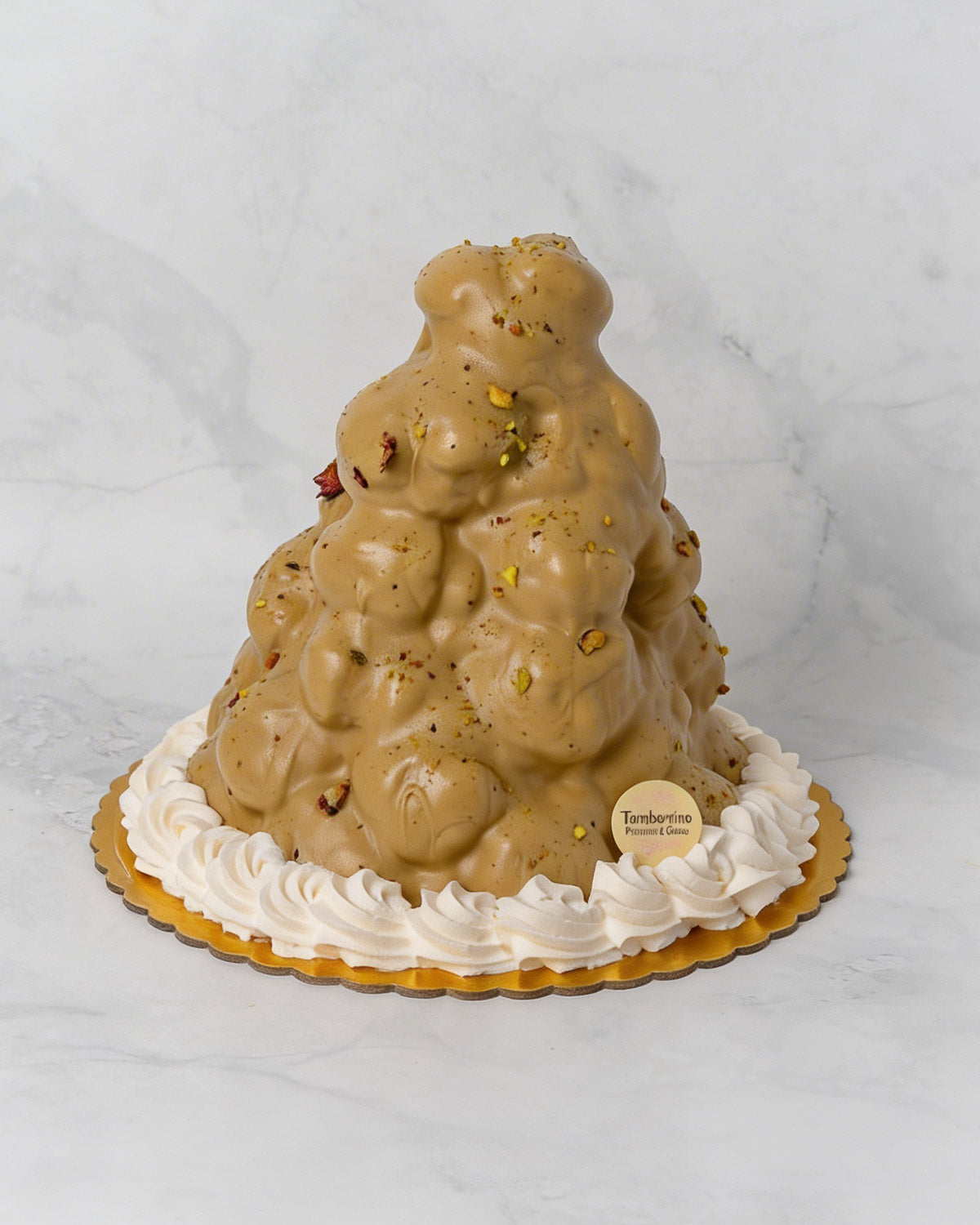 Pure pistachio glazed profiterole tower Semifreddo