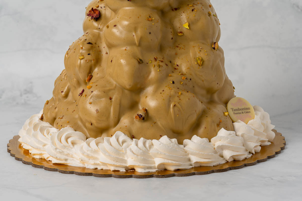 Pure pistachio glazed profiterole tower Semifreddo