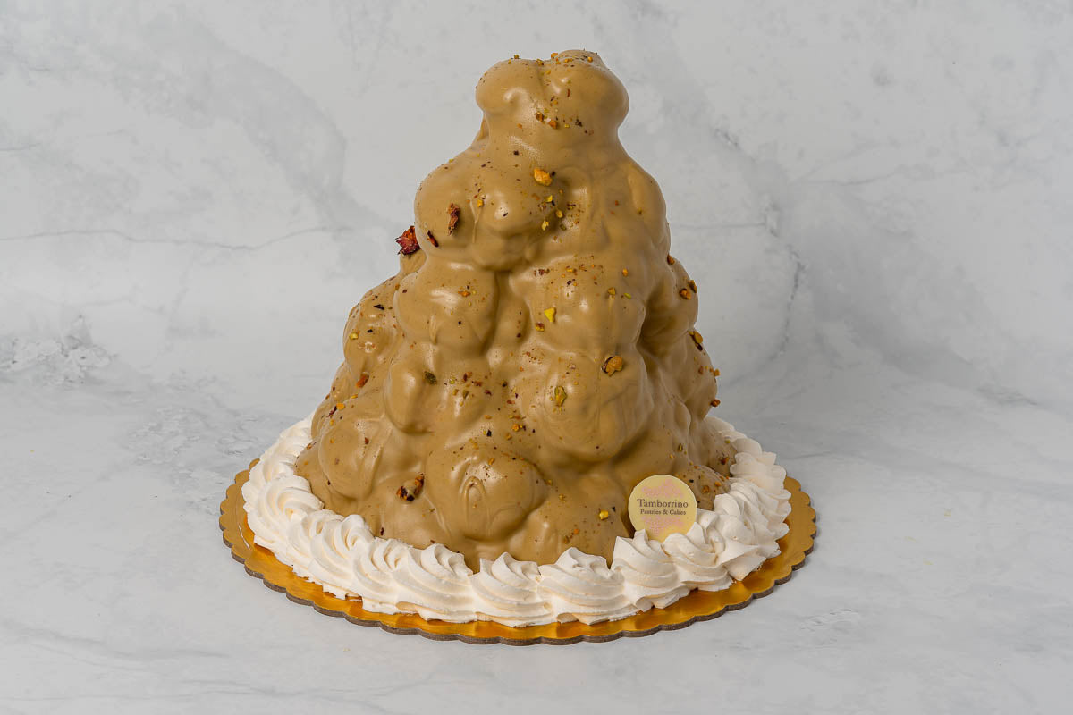 Pure pistachio glazed profiterole tower Semifreddo